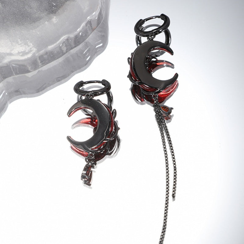 Dark Red Half Moon & Black Rose Asymmetric Hoop Earring