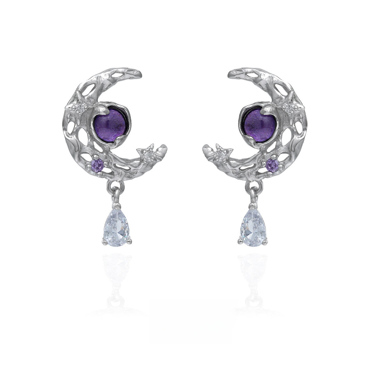 S925 Silver Purple Zircon Half Moon Stud Earring / Ring