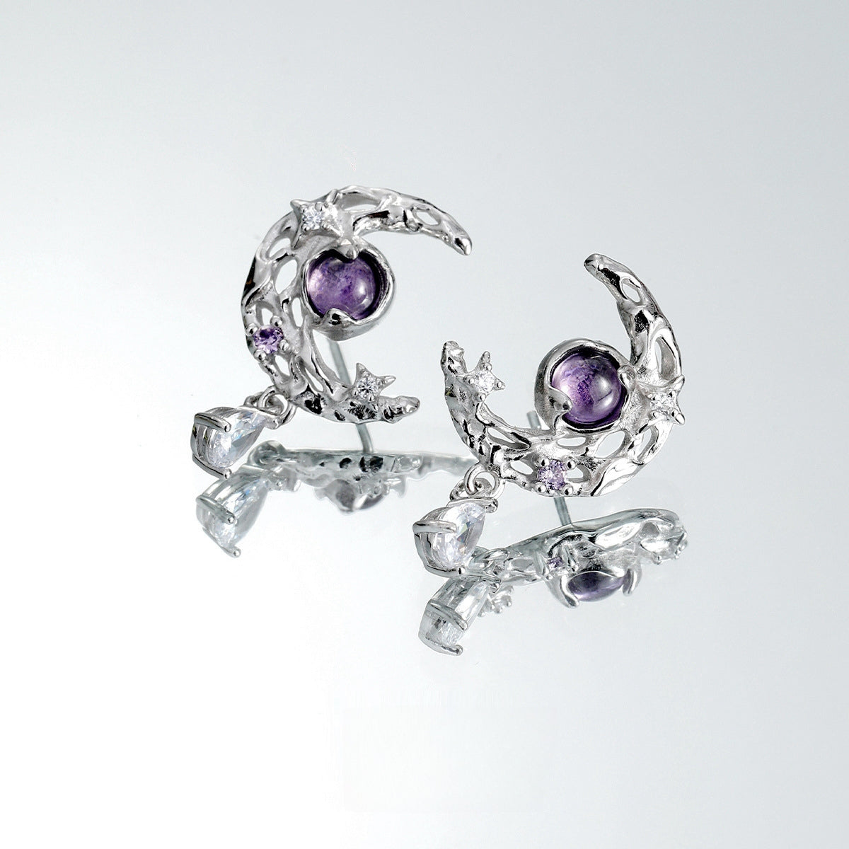 S925 Silver Purple Zircon Half Moon Stud Earring / Ring