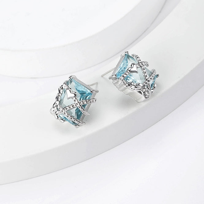 Sweet Girl Blue Square Cube Stud Earrings