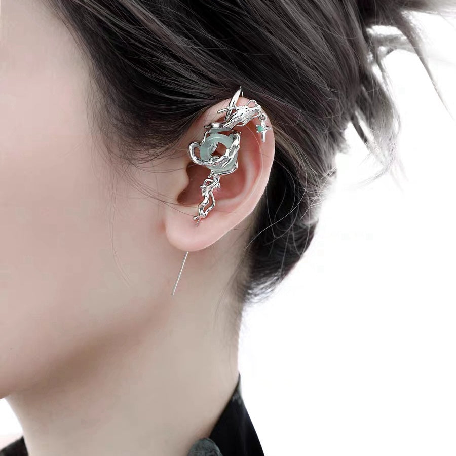 Designer Dragon Round Jade Ear Stud