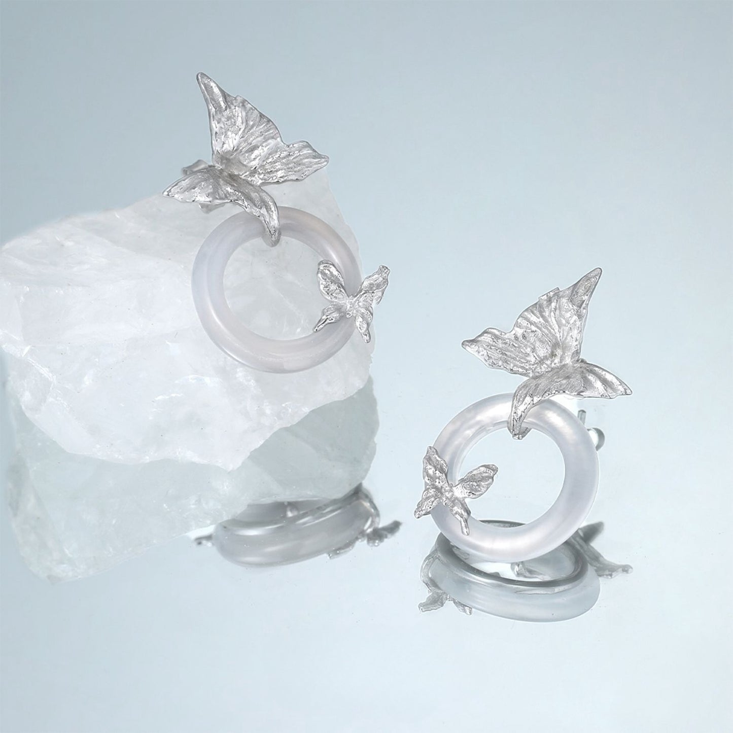 S925 Silver Butterfly White Jade Earring