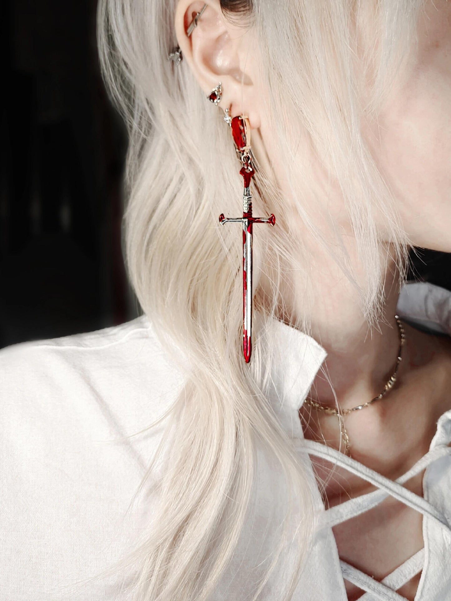 Gothic Red Blood Vampire Sword Stud Earring (single one)