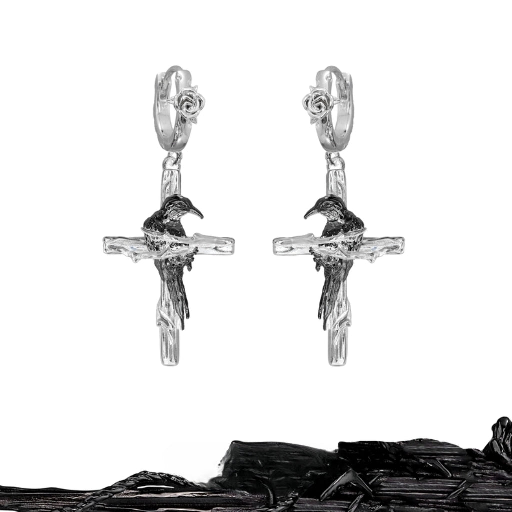 Y2K Mystric Raven Cross Hoop Earrings