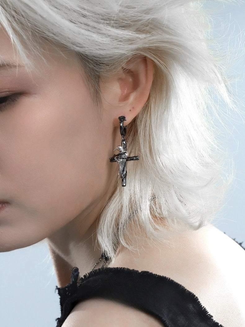 Y2K Mystric Raven Cross Hoop Earrings