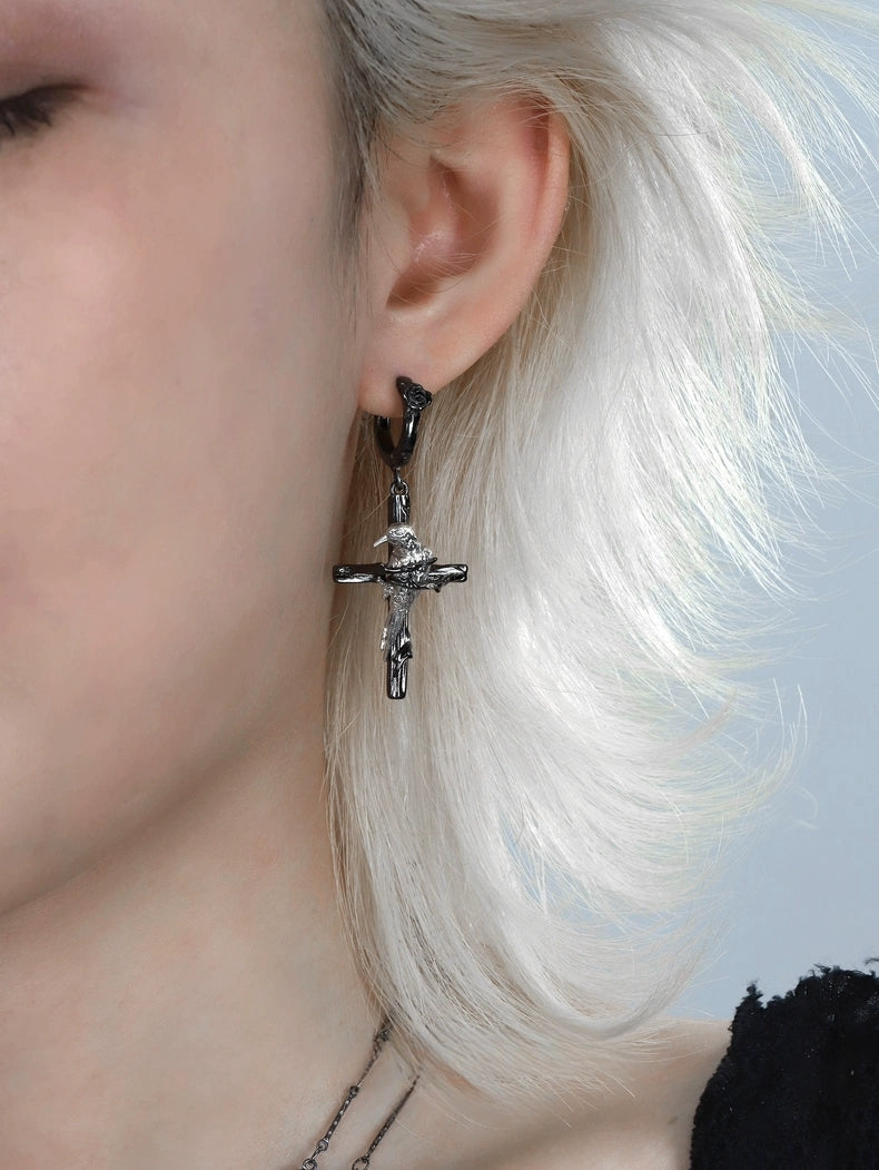 Y2K Mystric Raven Cross Hoop Earrings