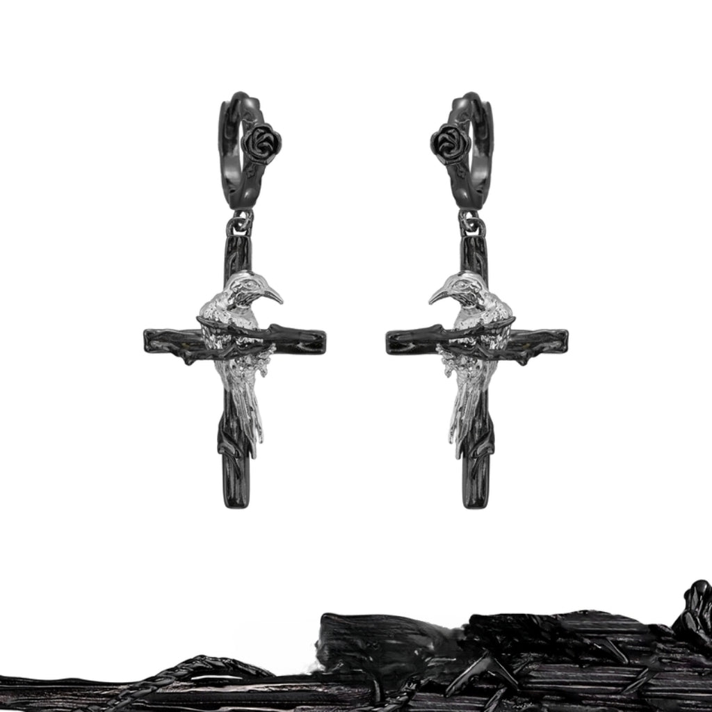 Y2K Mystric Raven Cross Hoop Earrings