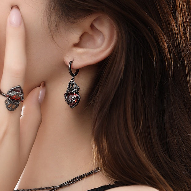 Gothic Girl Black Crown Heart Hoop Earring