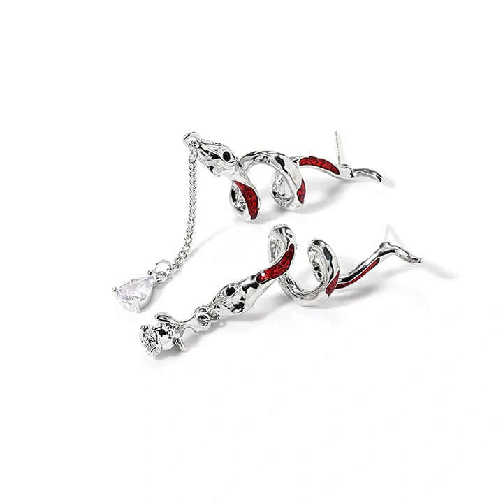 Designer Red Snake Asymmetrical Stud Earrings