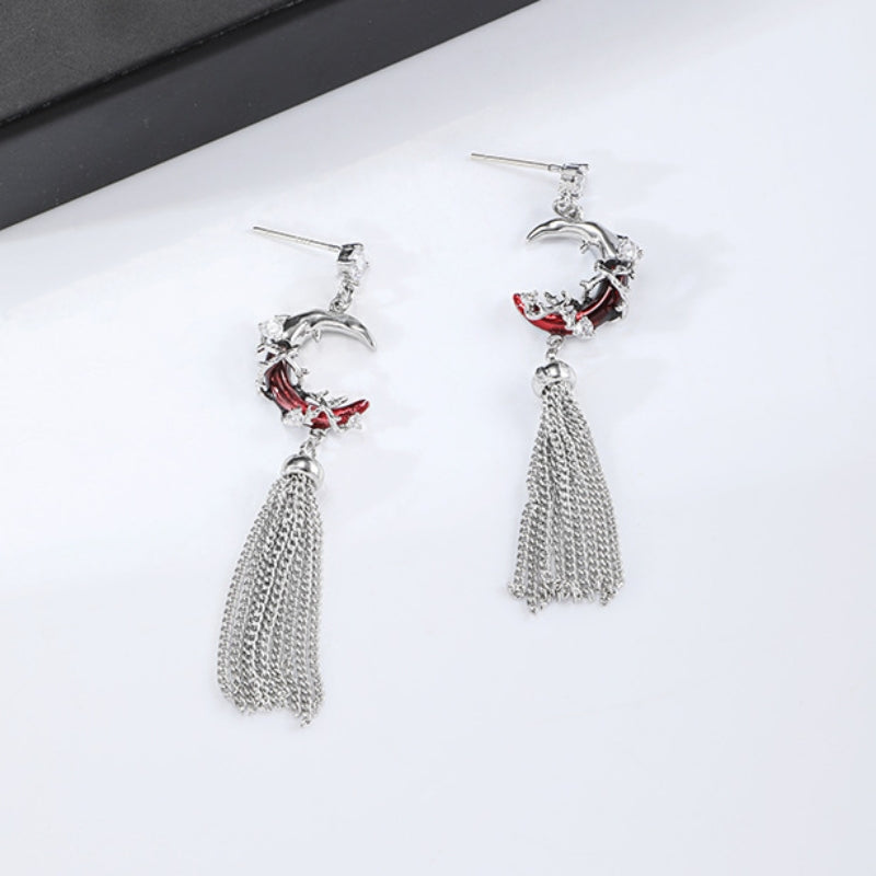 Gothic Style Red Moon Shining Star Tassel Earring