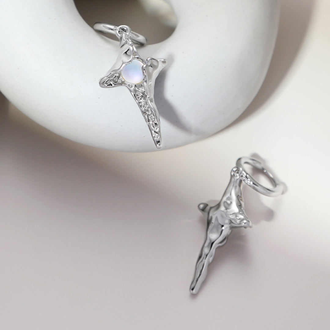 Fancy Small Silver Ninja Star Moonstone Hoop earring