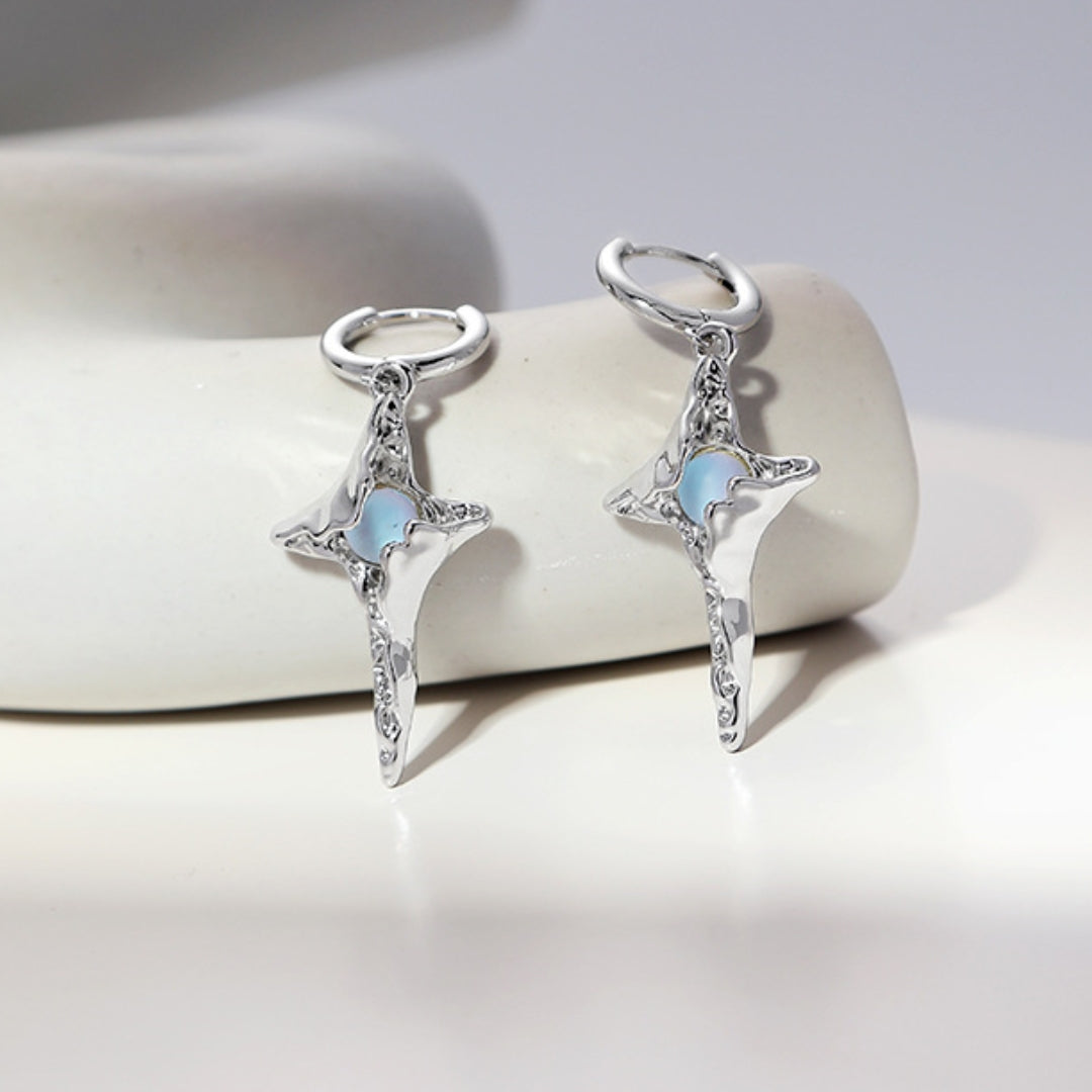 Fancy Small Silver Ninja Star Moonstone Hoop earring