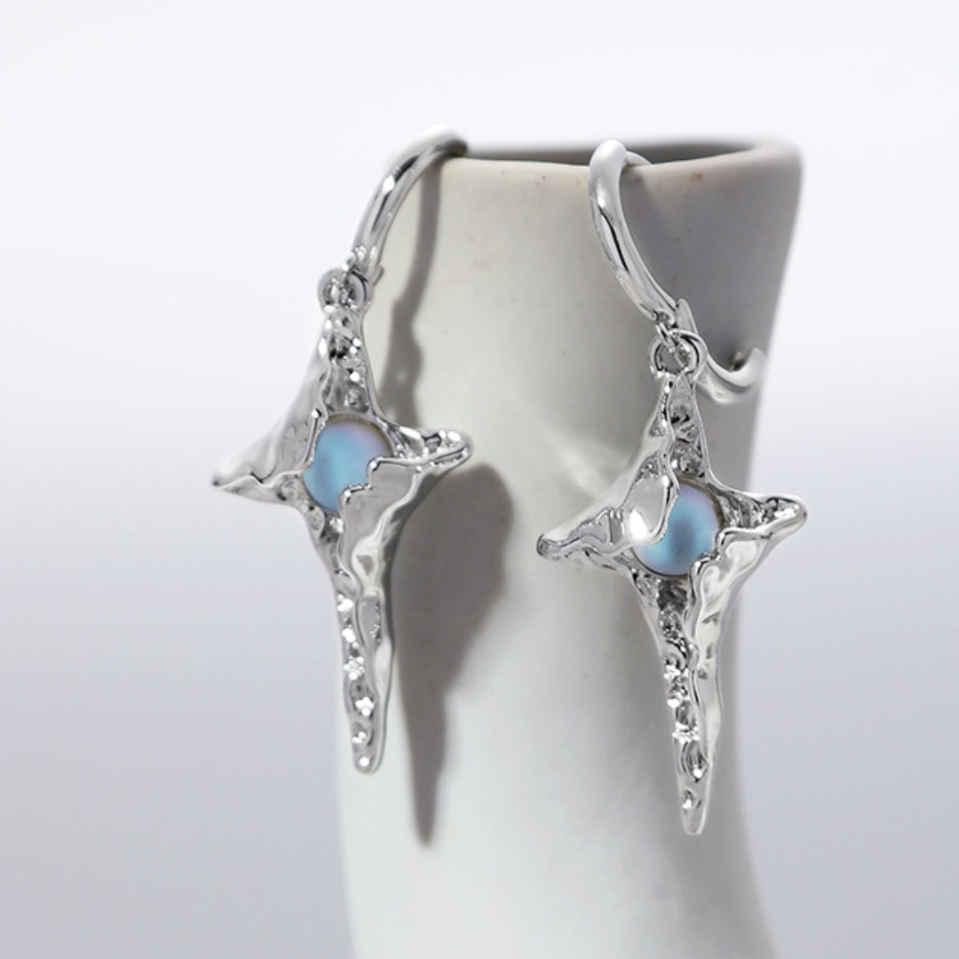 Fancy Small Silver Ninja Star Moonstone Hoop earring