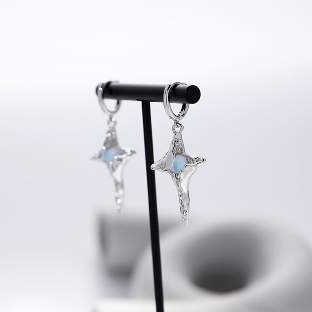 Fancy Small Silver Ninja Star Moonstone Hoop earring