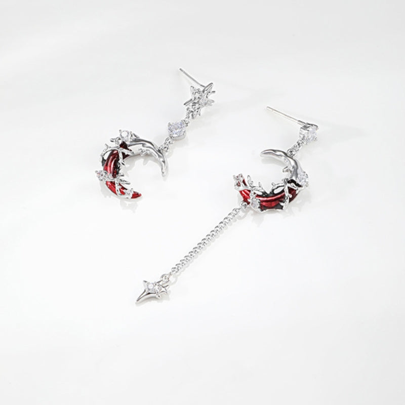 Gothic Style Red Moon Shining Star Asymmetrical Earrings