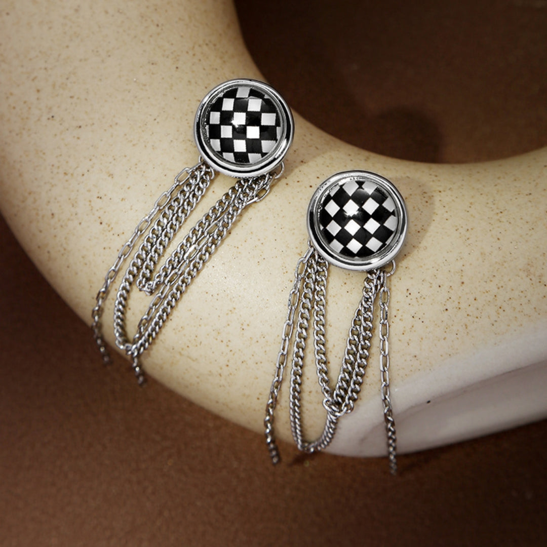 Black & White Chess Board Tassel Earring