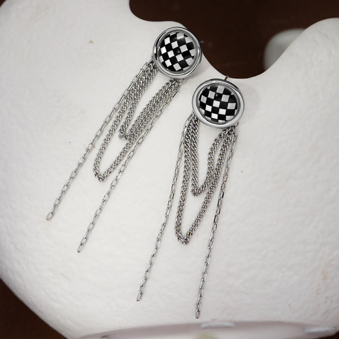 Black & White Chess Board Tassel Earring