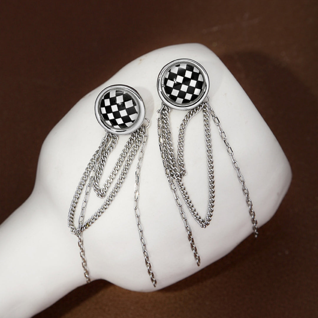 Black & White Chess Board Tassel Earring