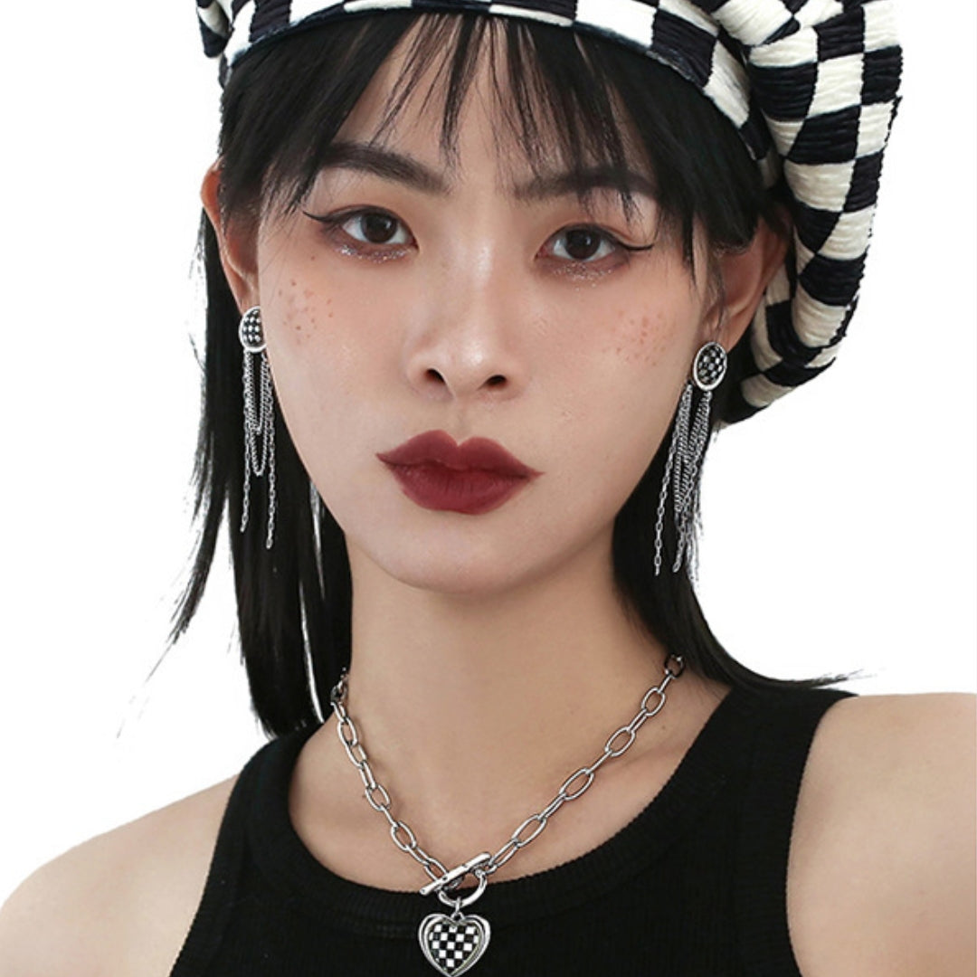 Black & White Chess Board Tassel Earring