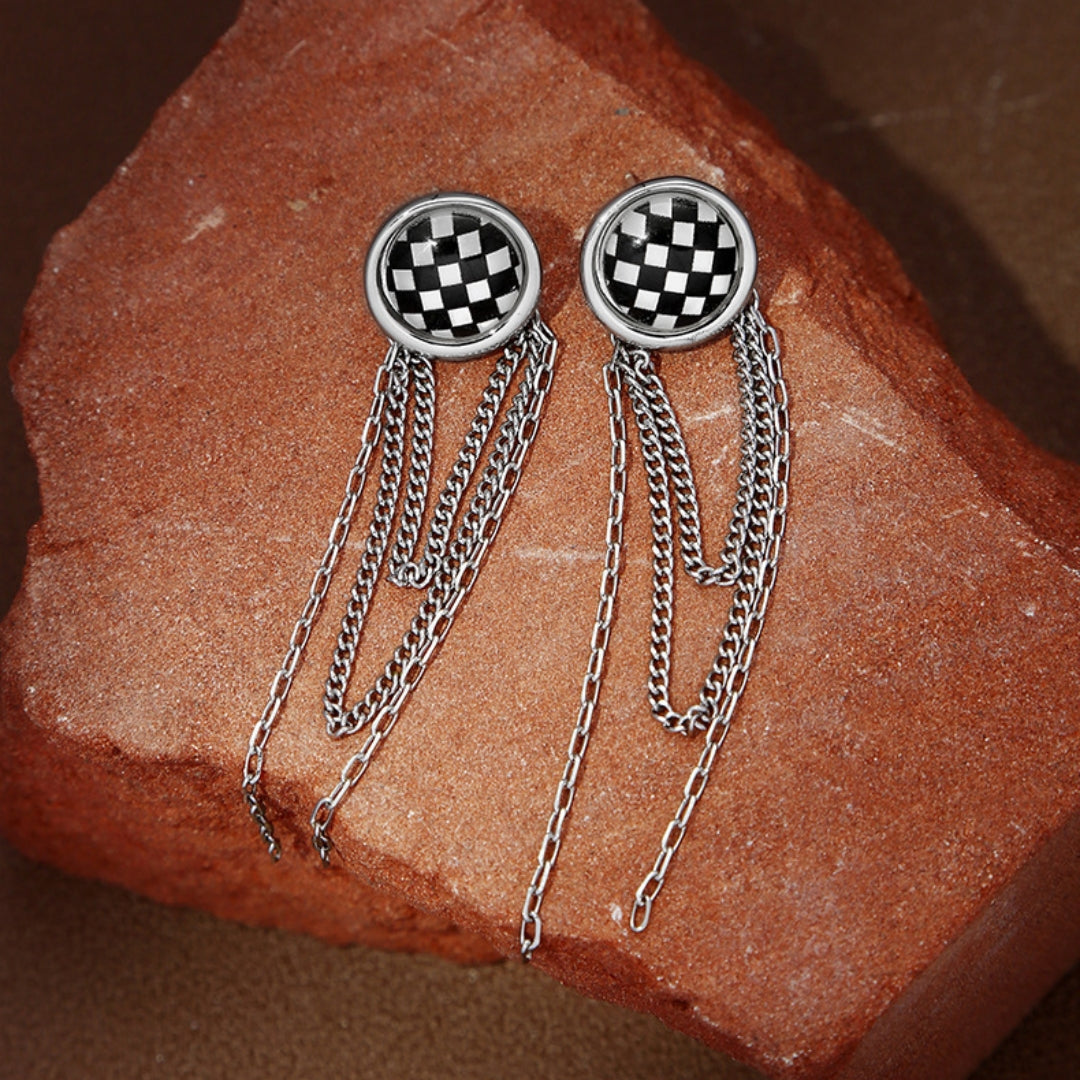 Black & White Chess Board Tassel Earring