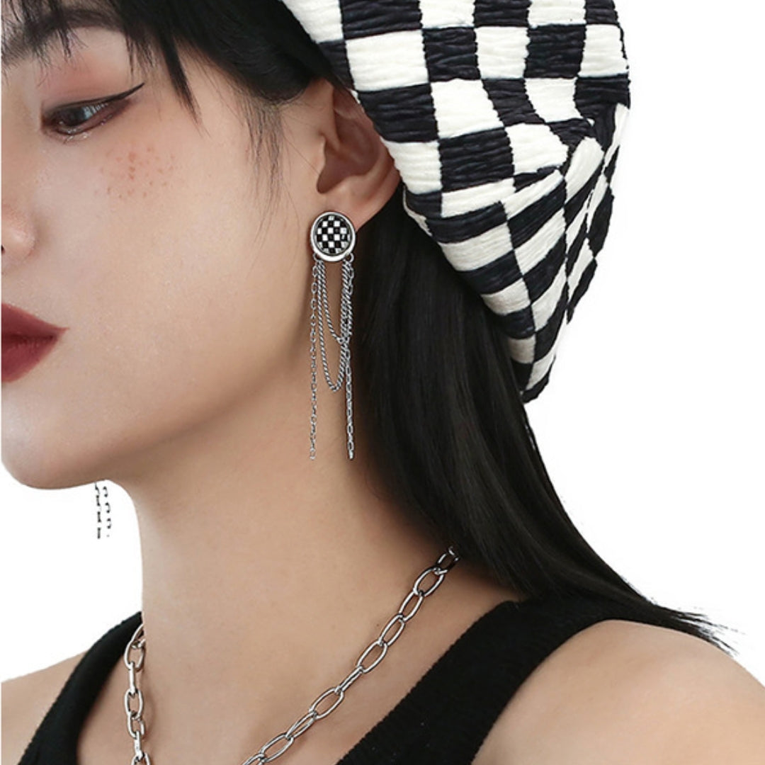 Black & White Chess Board Tassel Earring