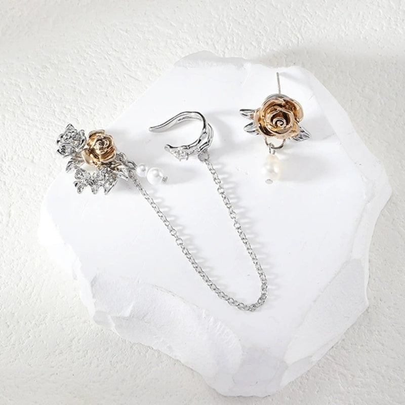 Designer Girl Vintage Metal Gold Rose Pearl Earring