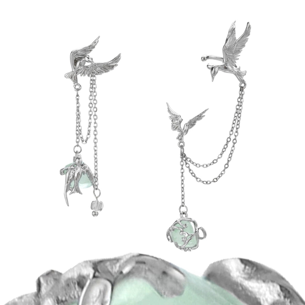 Designer Flying Bird Green Fluorspar Asymmetrical Earrings