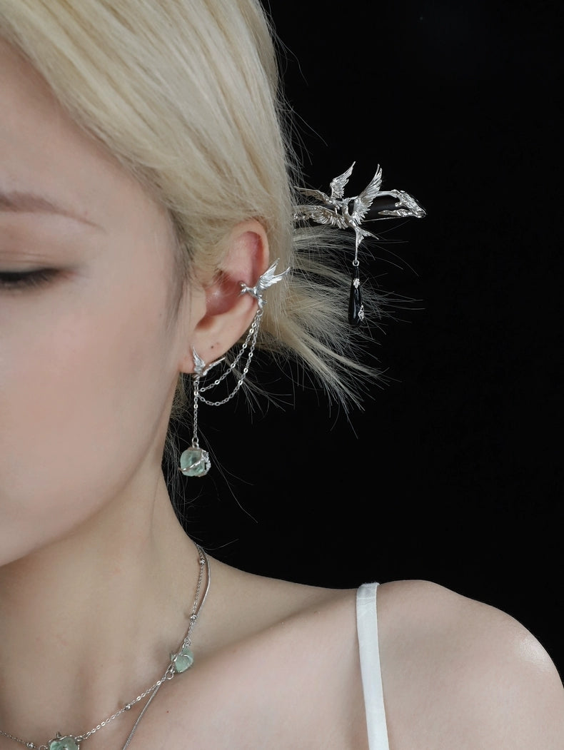 Designer Flying Bird Green Fluorspar Asymmetrical Earrings