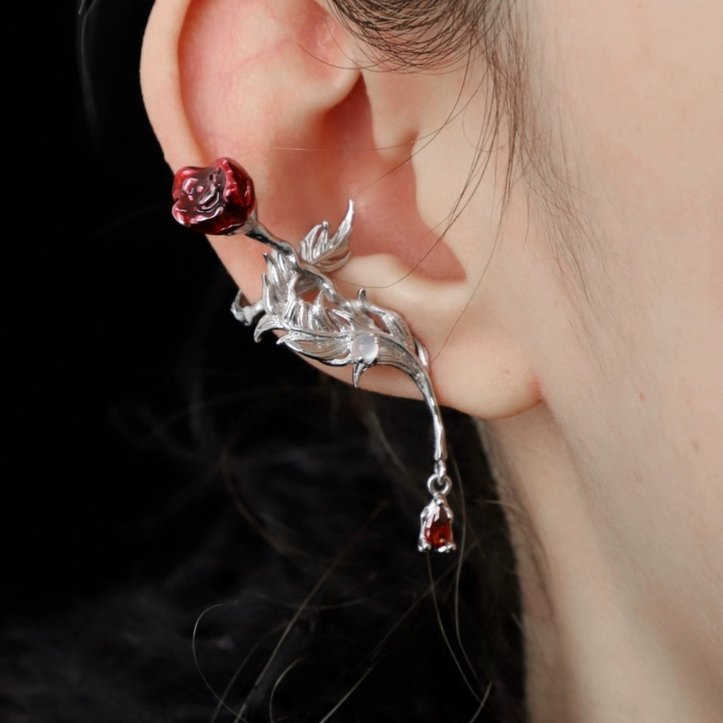 Designer Red Rose Rhinestone Metal Ear Cuff(no ear piercing needed)