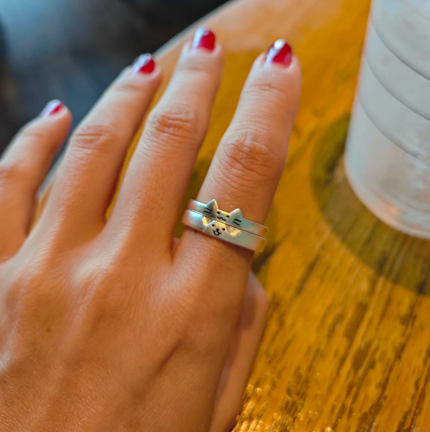 Cute Silver Cat & Dog Couple Open Rings