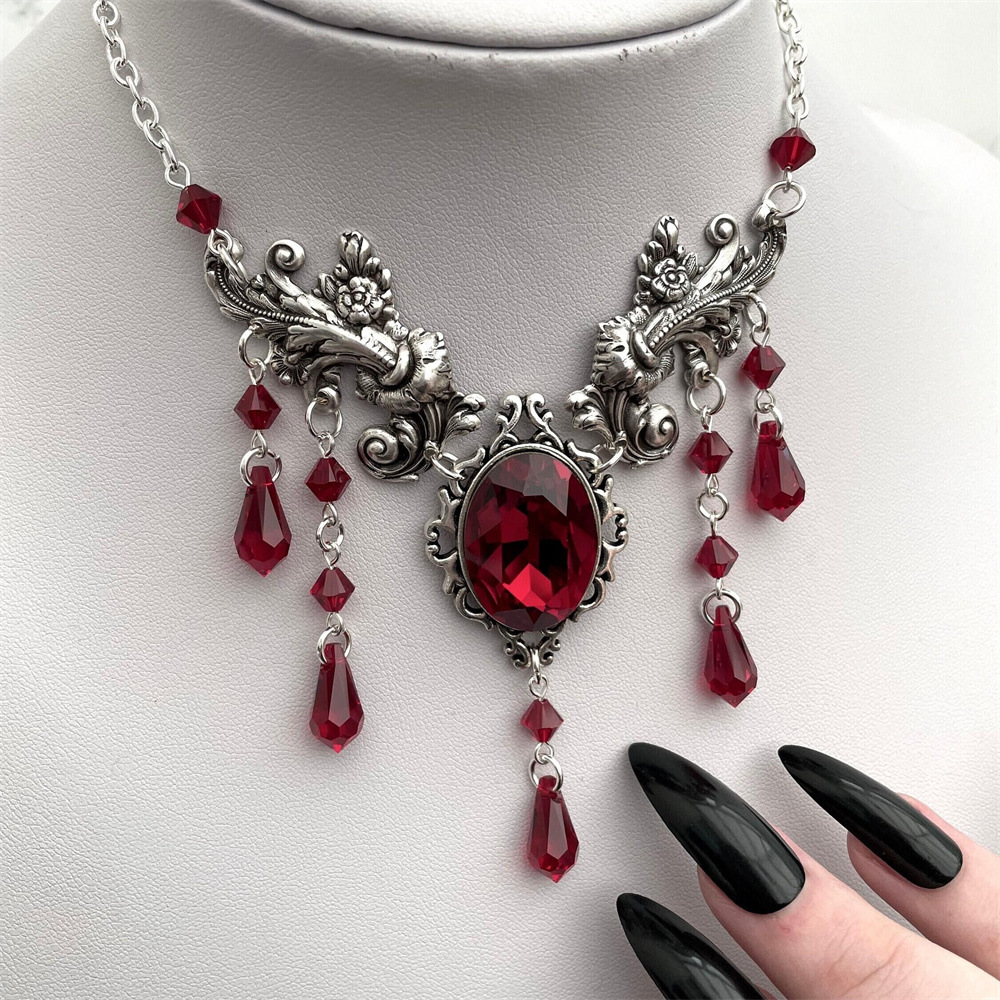 Gothic Style Red Rhinestone Flower Choker Necklace