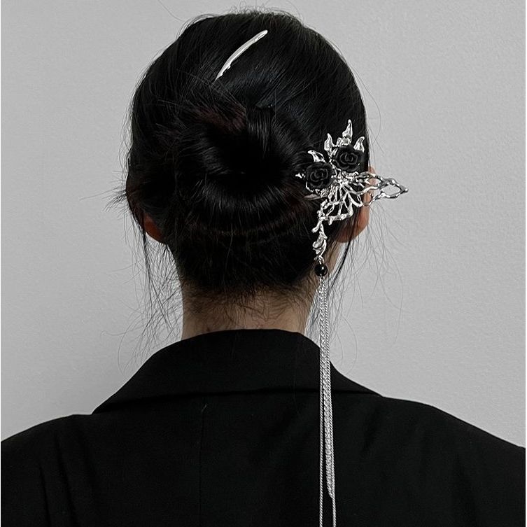 Butterfly Black Rose Long Tassel Hairpin