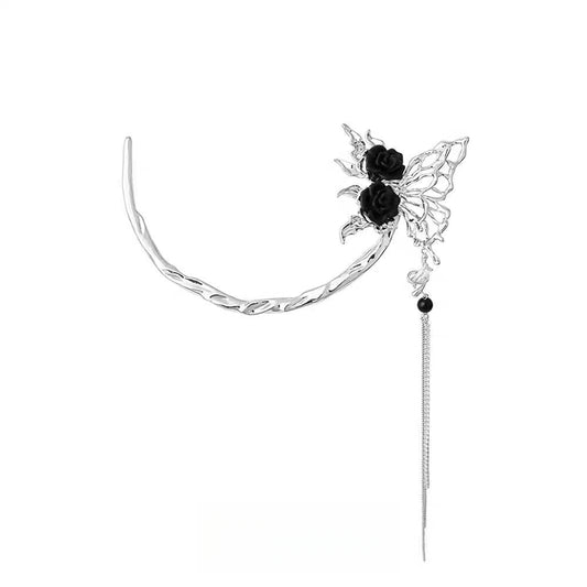 Butterfly Black Rose Long Tassel Hairpin