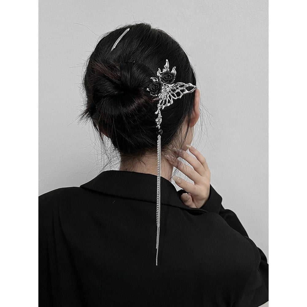 Butterfly Black Rose Long Tassel Hairpin