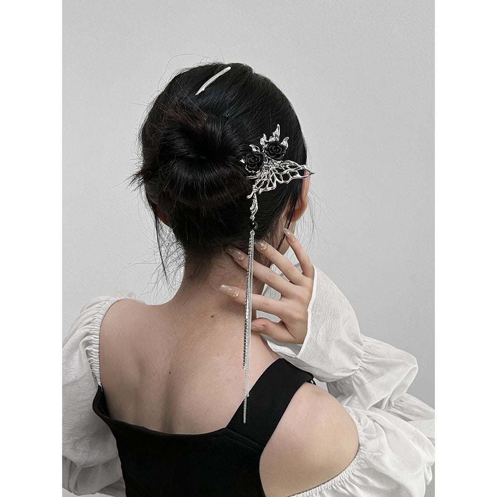 Butterfly Black Rose Long Tassel Hairpin