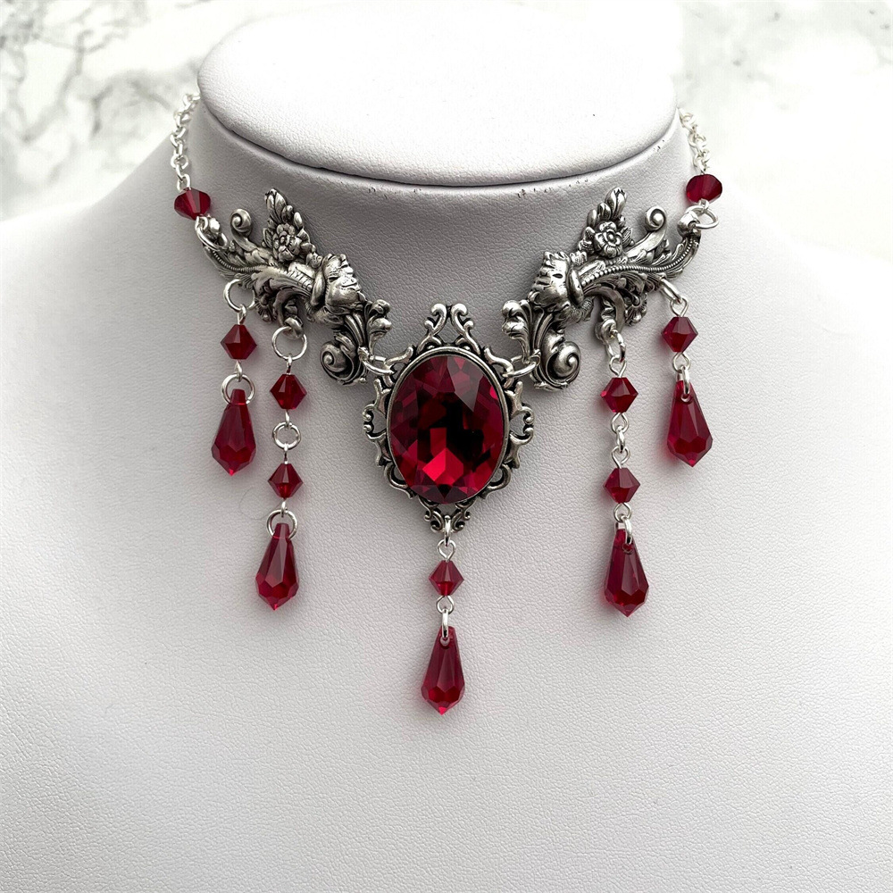 Gothic Style Red Rhinestone Flower Choker Necklace