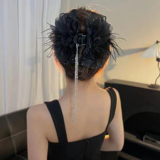 Fancy Women Black Feather Butterfly Tassel Hairclip