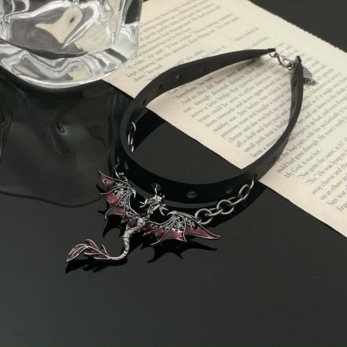 Dark Fly Dragon Black Leather Choker Necklace