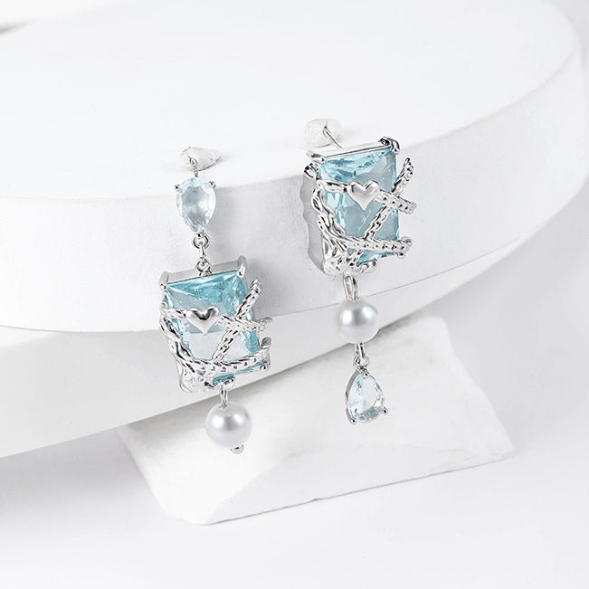 Sweet Girl Blue Square Cube Pearl Earrings