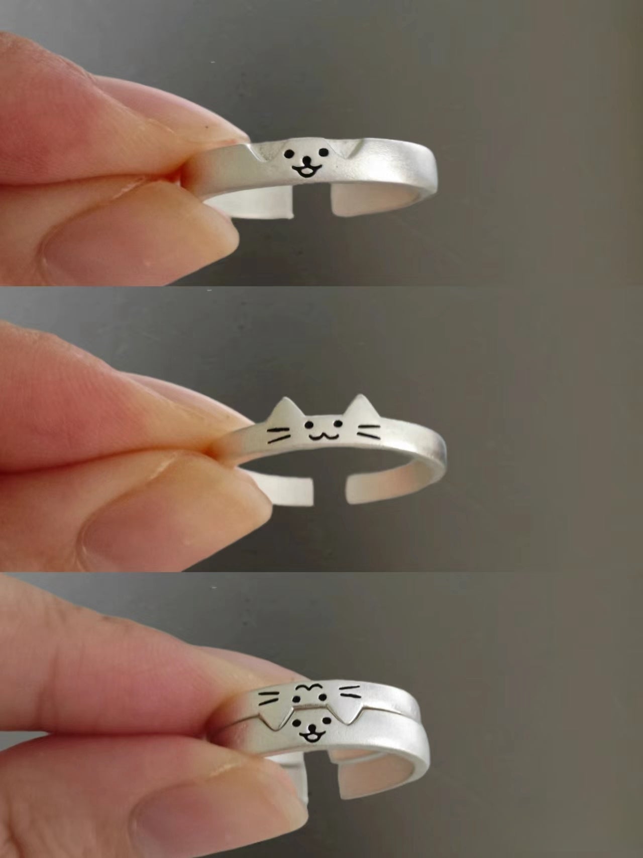 Cute Silver Cat & Dog Couple Open Rings