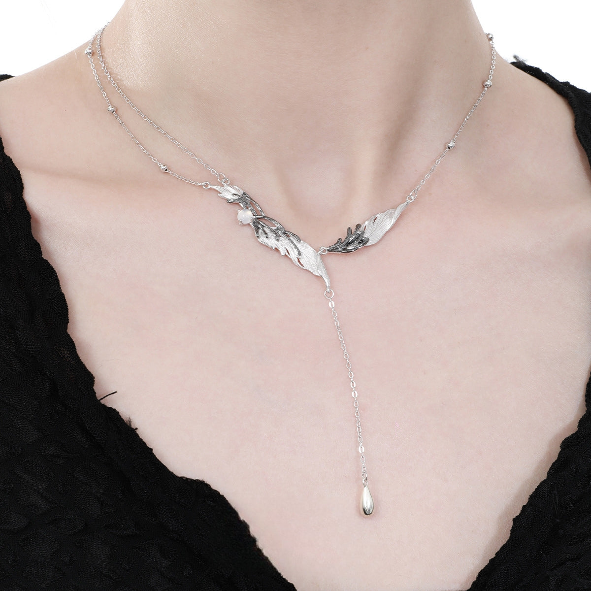 S925 Silver Black Angel Wing Feather Designer Necklace