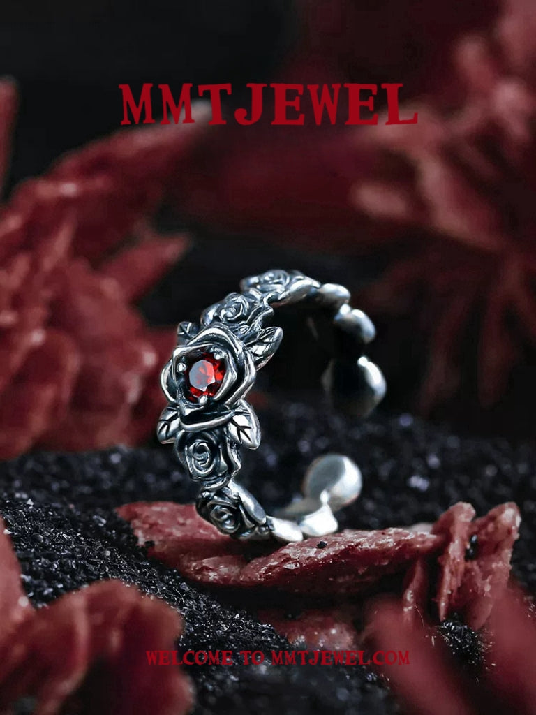 S925 Silver Vintage Red Rose Ring