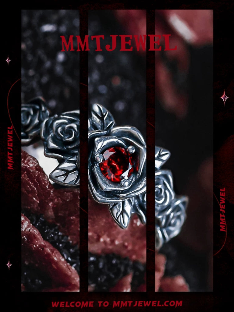 S925 Silver Vintage Red Rose Ring