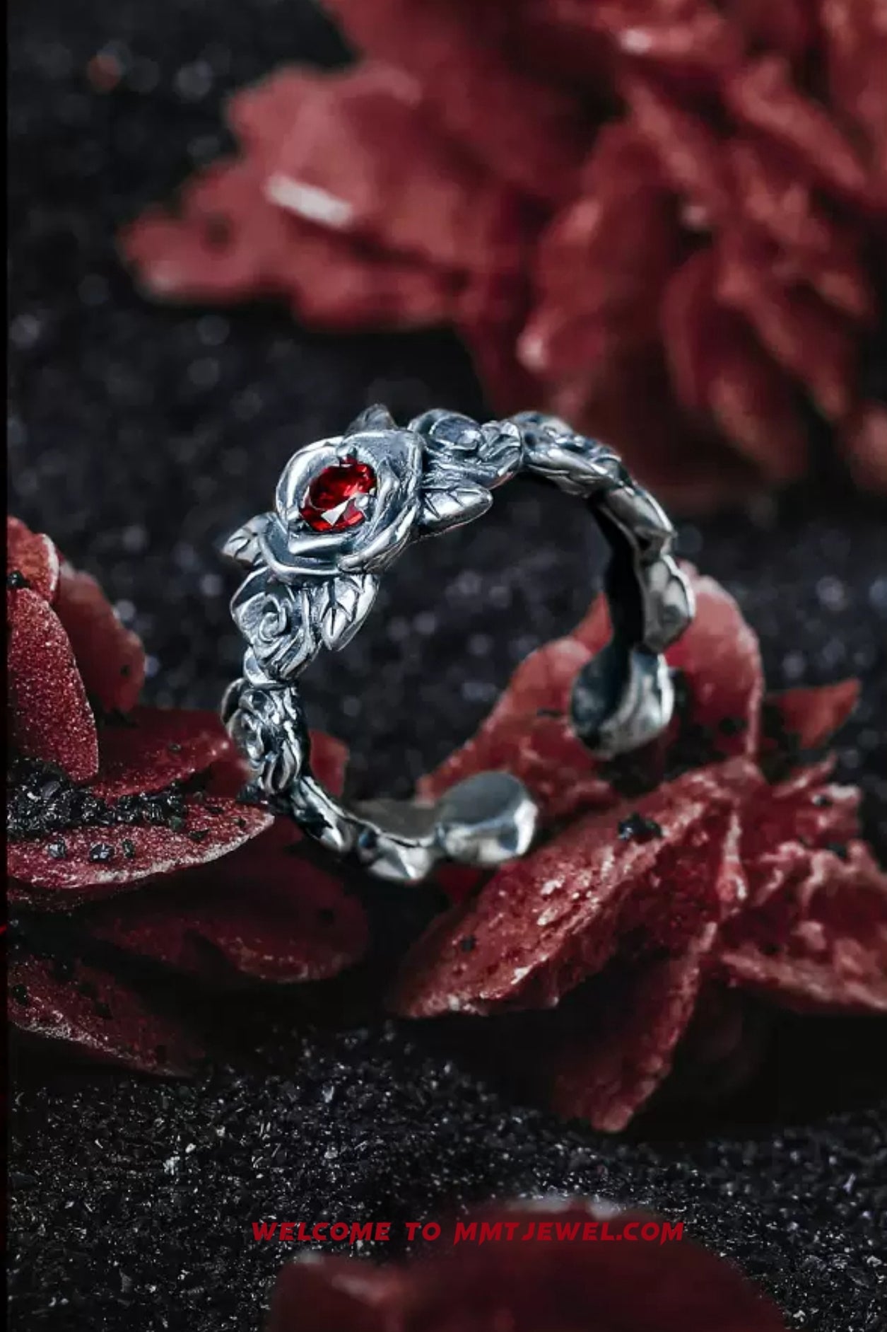 S925 Silver Vintage Red Rose Ring