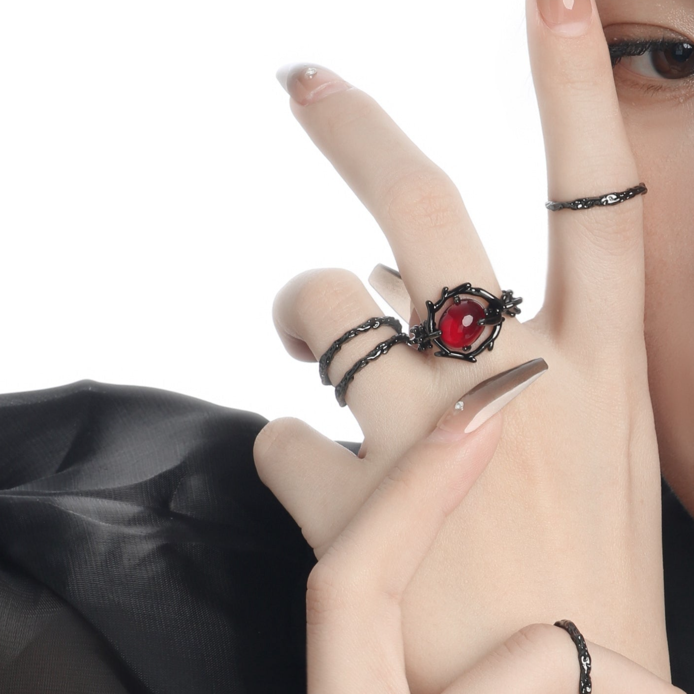 Designer Punk Style Vintage Red Rhinestone Thorns Ring