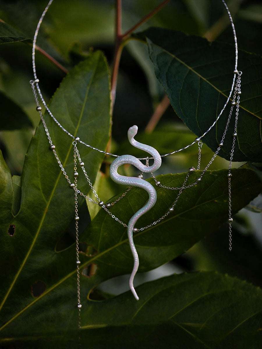 Baizhu White Ceramic Snake S925 Silver Necklace