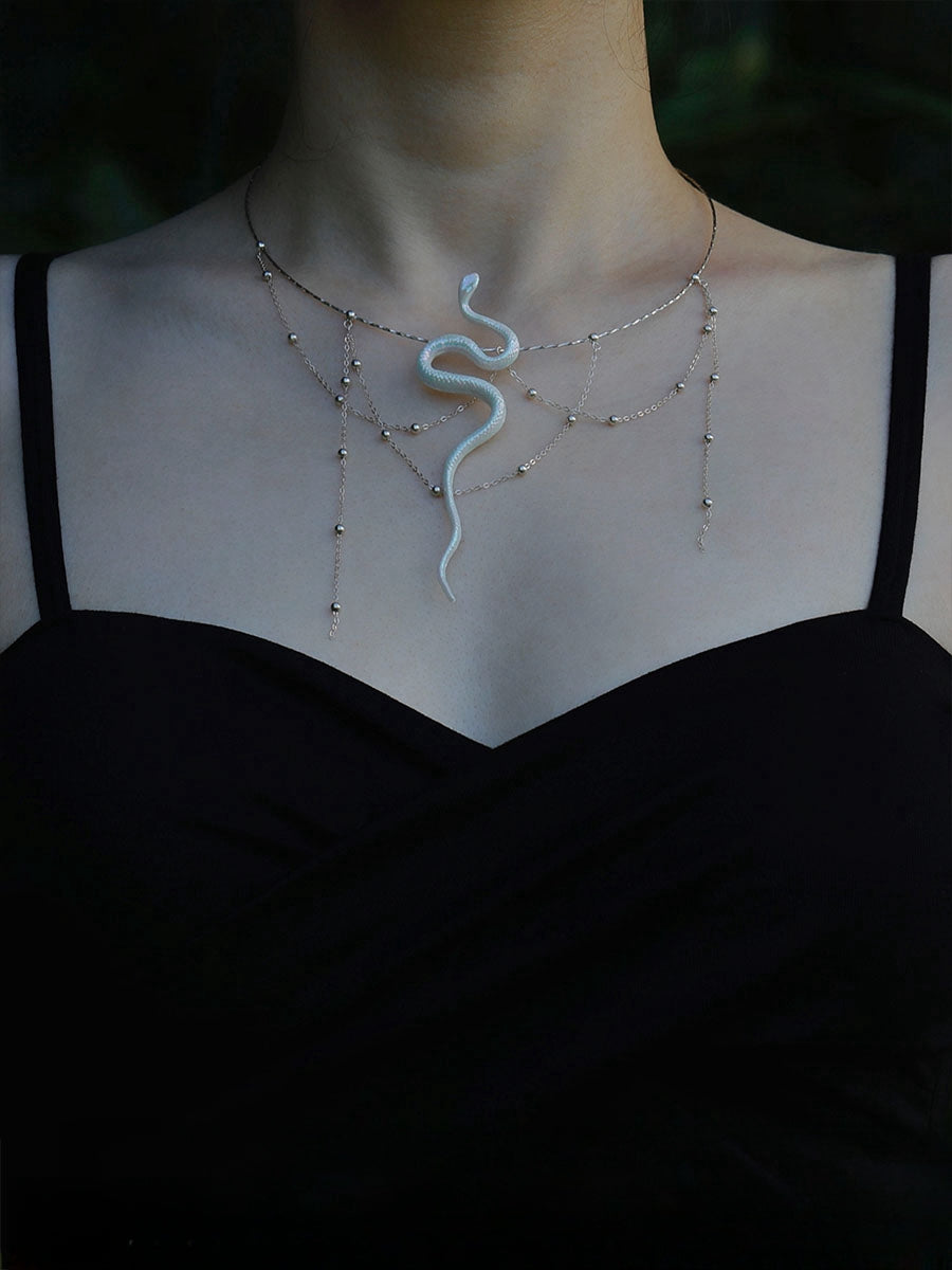 Baizhu White Ceramic Snake S925 Silver Necklace