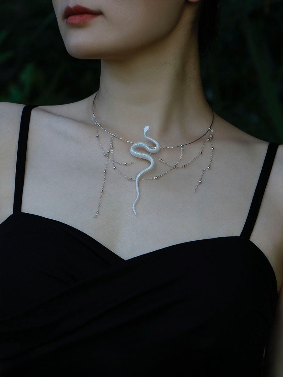 Baizhu White Ceramic Snake S925 Silver Necklace