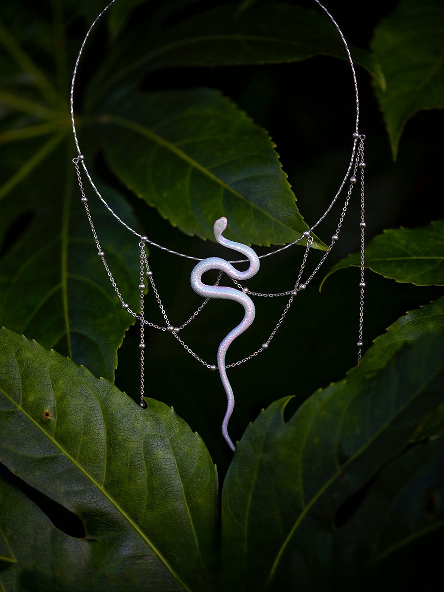 Baizhu White Ceramic Snake S925 Silver Necklace