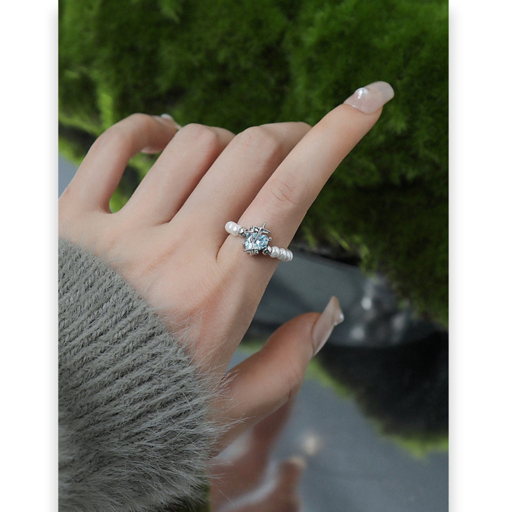 Sweet Blue Butterfly & Pearl Beaded Open Ring